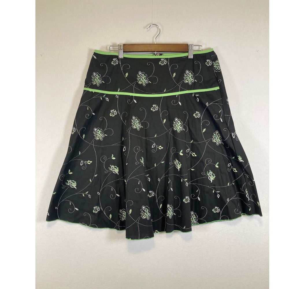 JKLA California A-Line Skirt XL Black Lime Green Floral Embroidered Retro Y2K
